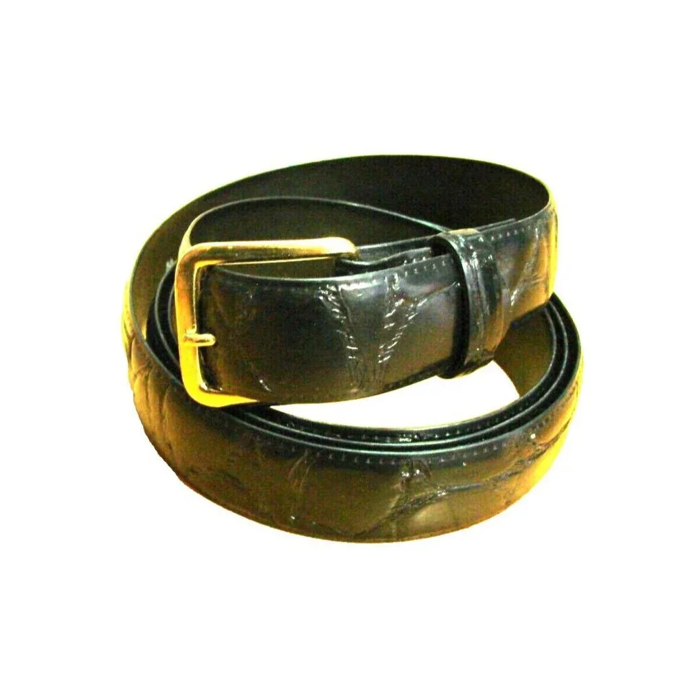 Black Embossed Leather Dress Belt Reptilian Textured Exotic Sz 26W Gold Buckle